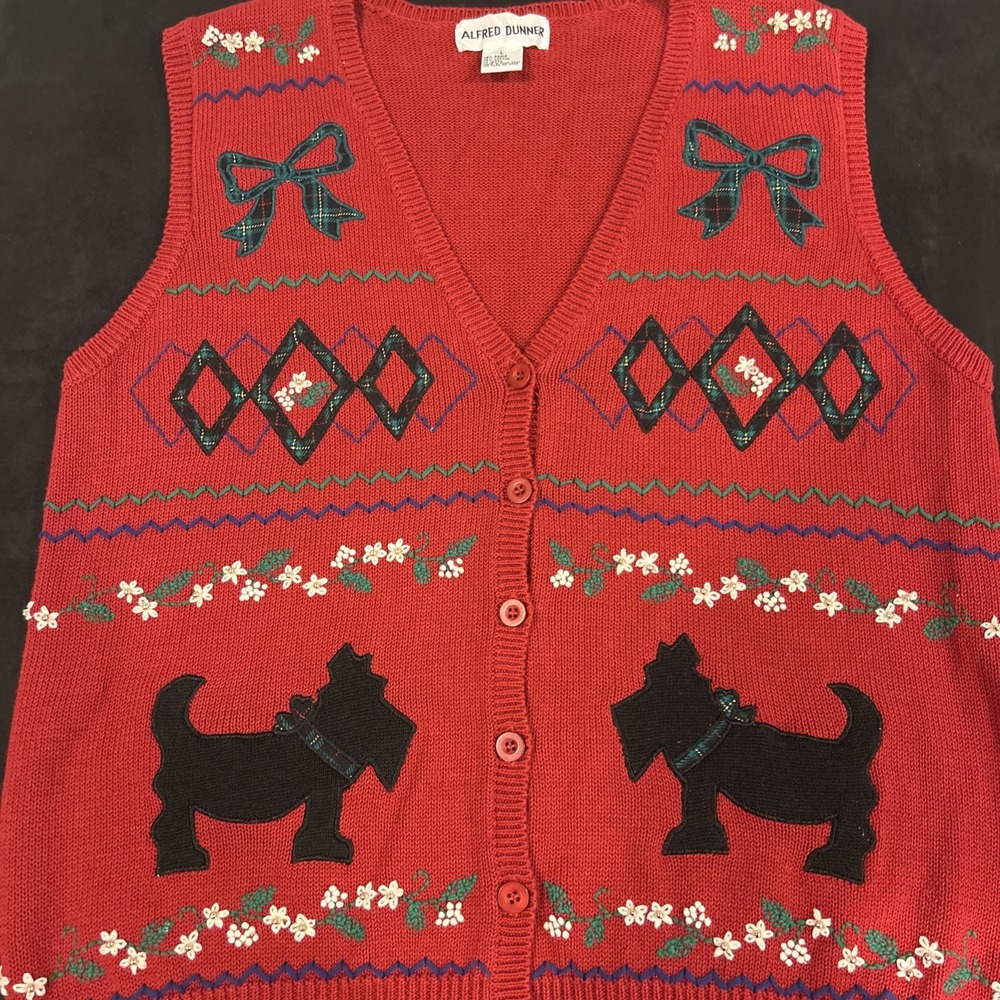 Vintage Scottie Dog Red Knit‎ Sweater Vest Size L 80's Preppy Ugly Christmas